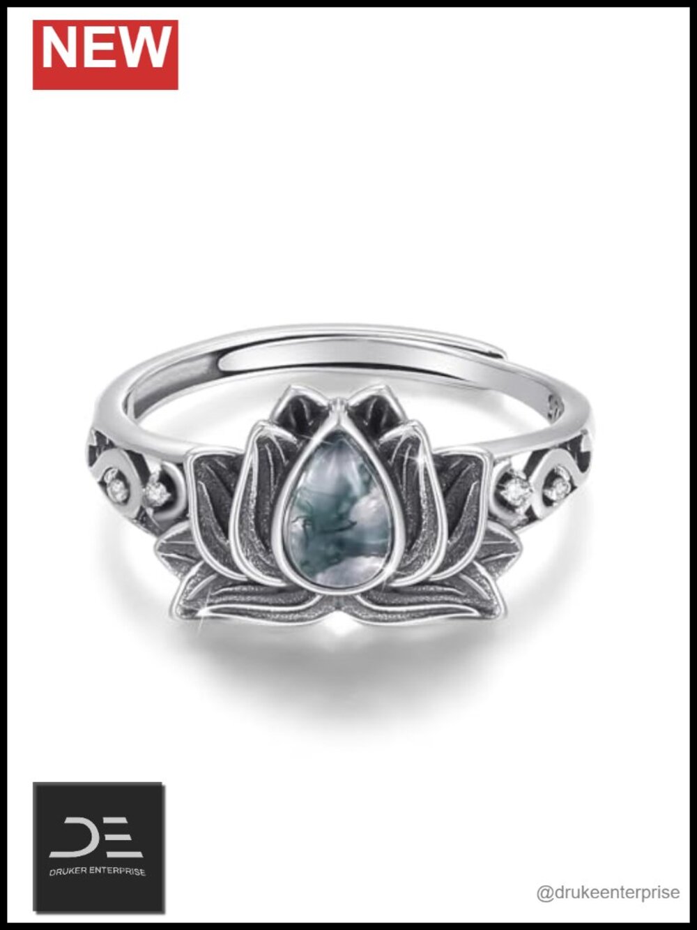 Lotus Moss Agate Ring 925 Sterling Silver Promise Ring for Women Wedding Gift
